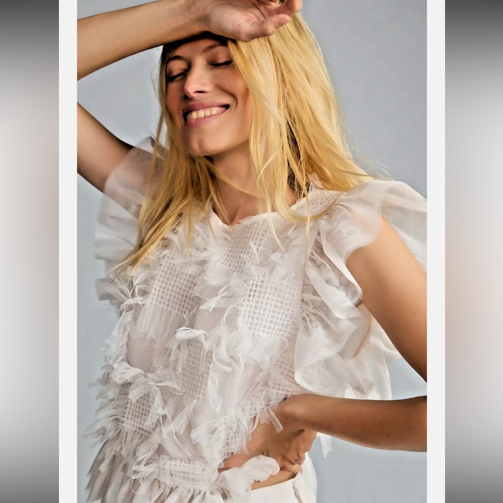 Anthropologie Maeve White Mesh Textured Ruffle Top